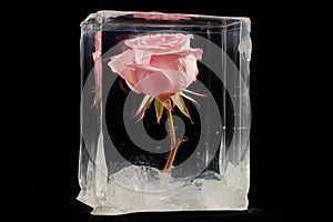 a single pink rose encased in a block of clear ice