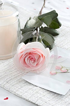 Single pink rose with face mask and candle