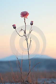 a single pink rose is standing in the middle of a field