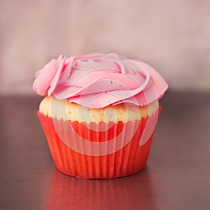 Single pink rose vanilla cupcake