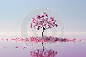 a single pink tree in the middle of a lake