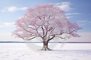 a single pink tree stands in the middle of a snowy field