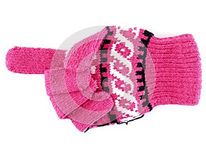 single pink winter glove gesturing hand sign for direction symbol or pointer finger sing