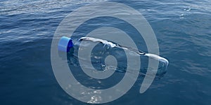 Single plastic bottle floating in the ocean water, environment pollution, garbage or waste concept