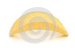 Single potato chip on white background close-up