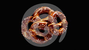 A single pretzel on a dark or black surface