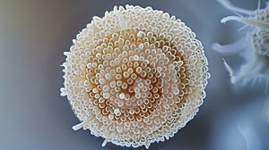 A single puffball mushroom spore magnified to reveal its smooth spherical surface and tiny appendages that assist in its