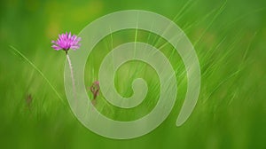 a single purple flower is in the middle of a grassy field with tall grass in the foreground and a blurry background of green