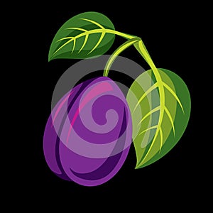 Single purple simple vector plum with green leaves, ripe sweet fruit illustration.