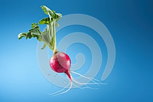 Single radish suspended in midair against a bright blue backdrop.