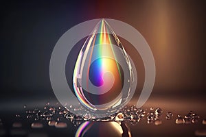 Single rain drop with rays of prism rainbow reflecting out. clear and purify refreshness by nature. Generative AI