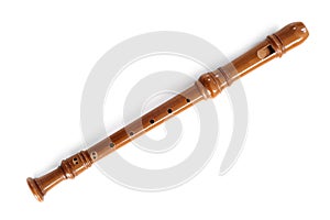 Single recorder, musical instrument of wood, isolated on white