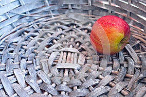 Single Red Apple in a Gray Wicker Basket. Copy Space