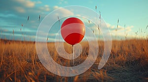 Single Red Balloon in Golden Field - Simplicity and Freedom