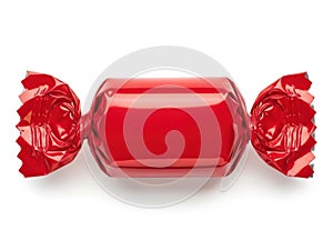 Single red candy wrapper isolated on white background