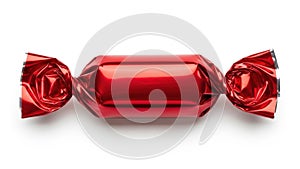 Single red candy wrapper isolated on white background