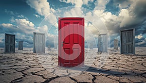A Single Red Door Amid Numerous Drifting Doors Across Arid