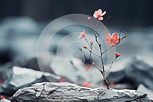 a single red flower growing out of a rock in the middle of a field