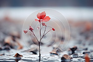 a single red flower is growing out of the water