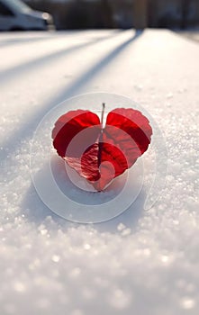 Single Red Heart Leaf on Snow