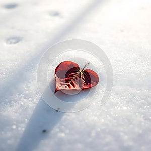 Single Red Heart Leaf on Snow