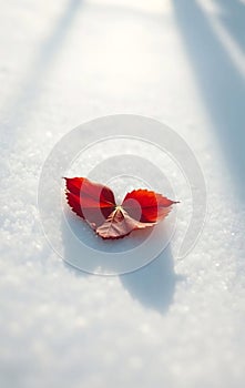 Single Red Heart Leaf on Snow