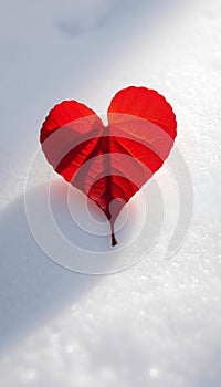 Single Red Heart Leaf on Snow