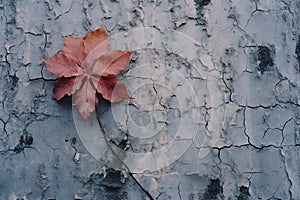 a single red leaf on a cracked wall