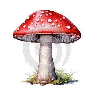 A Single Red Mushroom with White Spots and a White Stem