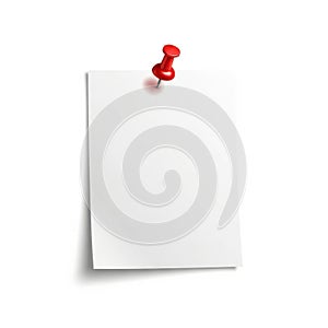 Single red pushpin securing a blank note isolated on white background