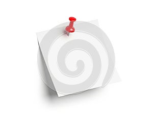 Single red pushpin securing a white note isolated on white background