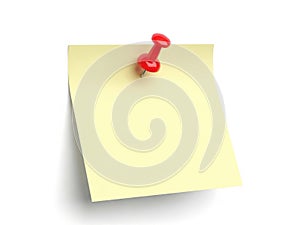 Single red pushpin securing a yellow note isolated on white background