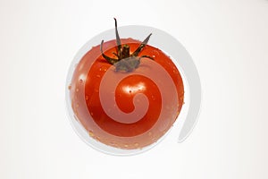 Single red, ripe tomato covered with water droplets viewed from