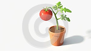 Single red ripe tomato on the vine in a terracotta pot on a white background