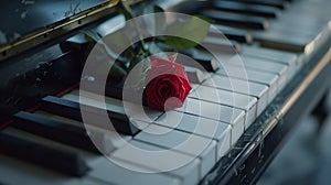 Red rose on piano keys evoke romantic melody. perfect image for music lovers, weddings, and valentine's day