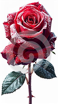 Single Red Rose Covered with Snow on White Background Macro Shot