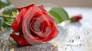 A single red rose with dewdrops lying on a marble grey stone surface