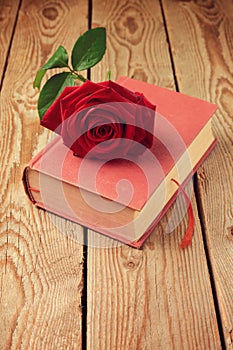 Single red rose flower on book over wooden background