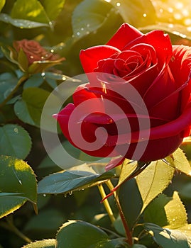 A single red rose flower in a sun-dappled garden, its petals glistening in the morning dew.