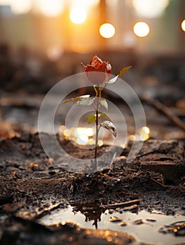 a single red rose growing out of the mud in the middle of a field