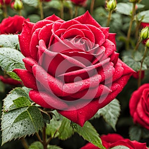 A single red rose with leaves and stems covered in dew