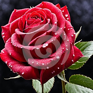 A single red rose with leaves and stems covered in dew