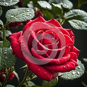 A single red rose with leaves and stems covered in dew