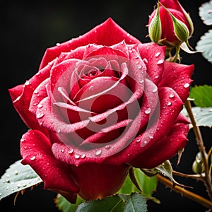 A single red rose with leaves and stems covered in dew