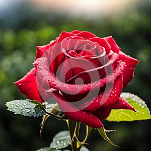 A single red rose with leaves and stems covered in dew