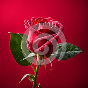A single red rose with leaves and stems covered in dew