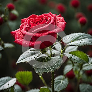 A single red rose with leaves and stems covered in dew