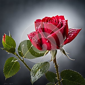 A single red rose with leaves and stems covered in dew