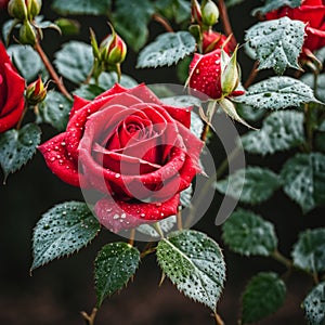 A single red rose with leaves and stems covered in dew