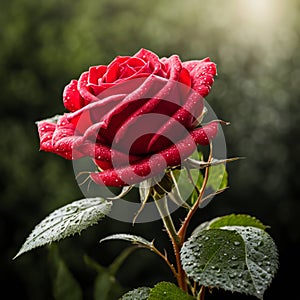 A single red rose with leaves and stems covered in dew